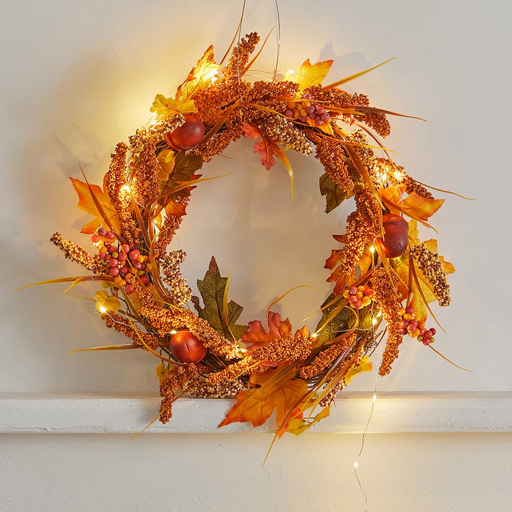 Living and Home Autumn Golden Sorghum Door Wreath with LED Lights 50cm Image 2