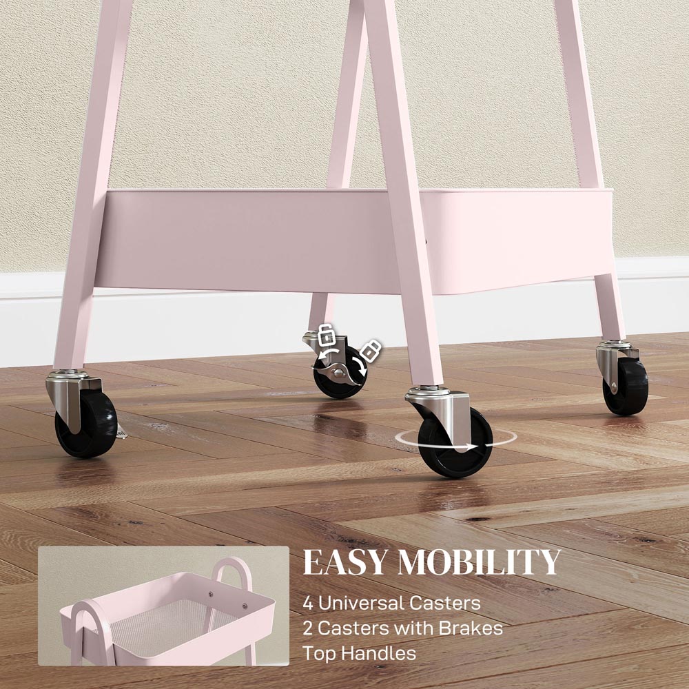 HOMCOM 3-Tier Pink Kitchen Storage Trolley Image 7