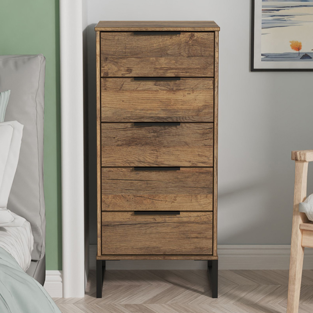 Crowndale Hong Kong 5 Drawer Vintage Oak Tall Bedside Cabinet Ready Assembled Image 1