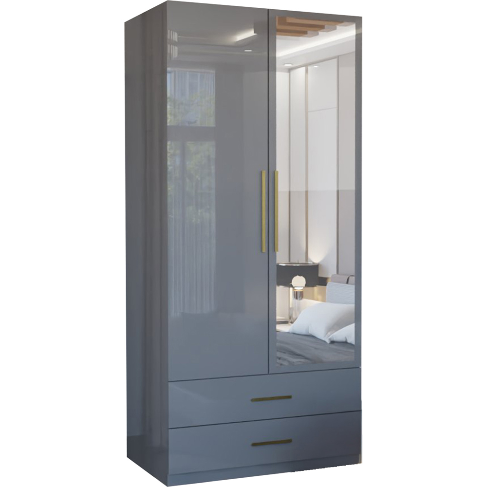 M N Furniture Glossera 2 Door 2 Drawer Grey High Gloss Mirrored Wardrobe 90cm Image 2