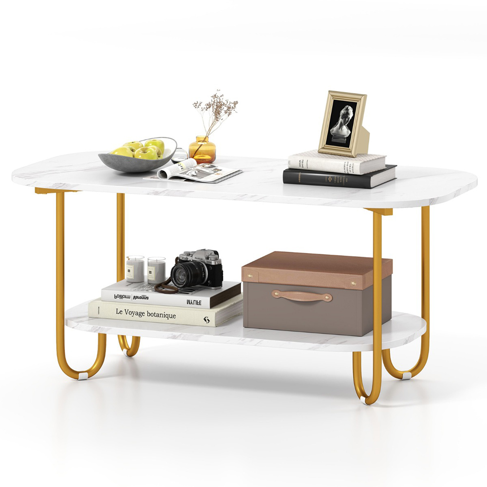 Costway Single Shelf White Faux Marble Coffee Table Image 3