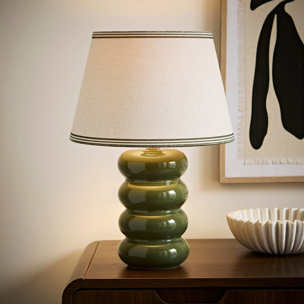 ValueLights Gia Triple Trim Linen Shade Olive Ceramic Stack Table Lamp with Bulb Image 5