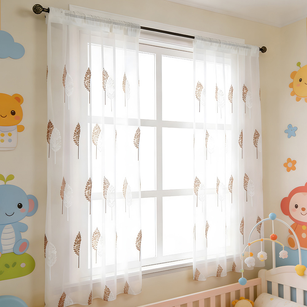 Living and Home Semi-Sheer Embroidered Leaf Curtains 130 x 160cm Image 1