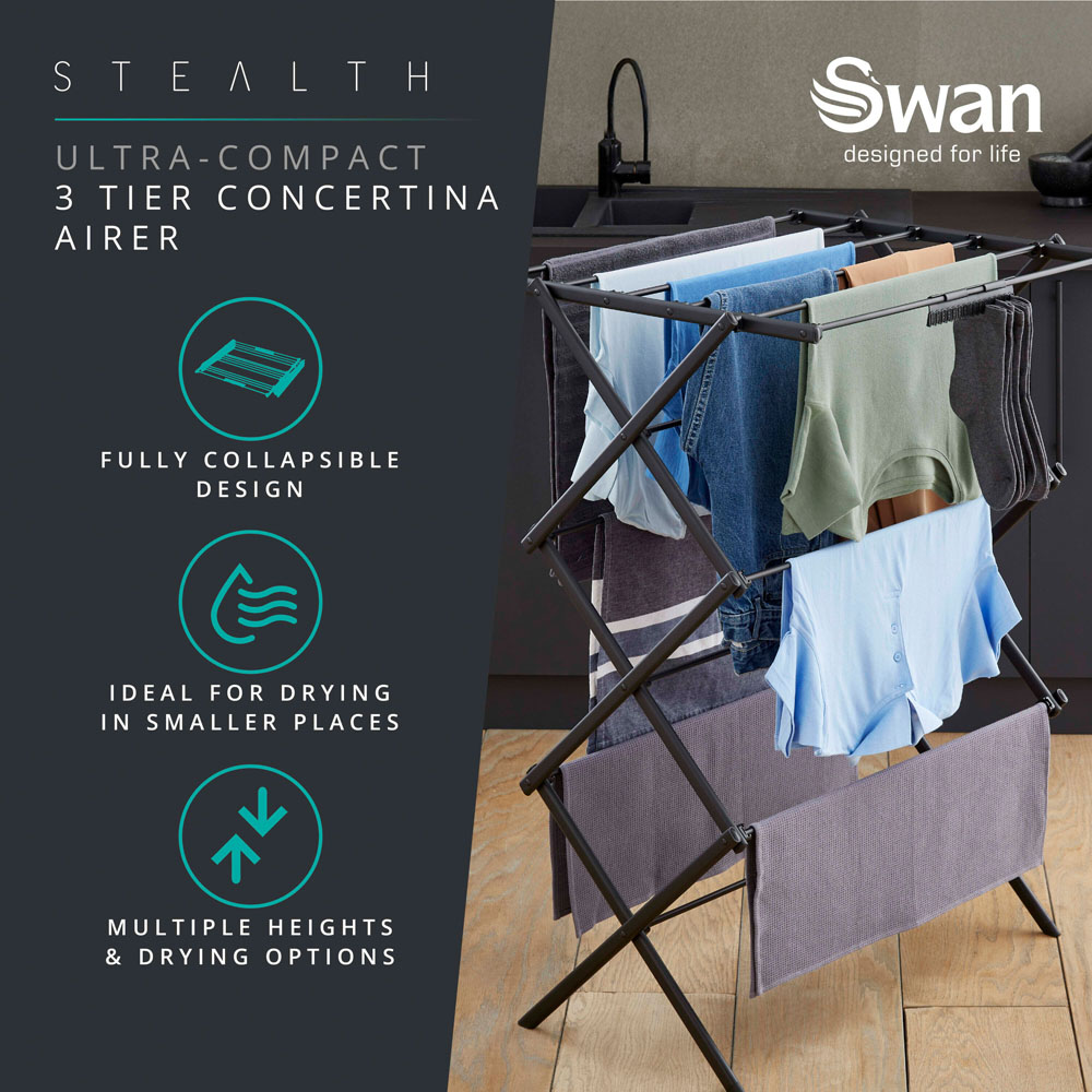 Swan Stealth 3-Tier Black Ultra-Compact Clothes Concertina Airer 10m Image 8