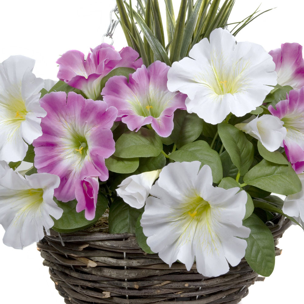 GreenBrokers Artificial Pink and White Petunias Round Rattan Hanging Plant Baskets 2 Pack Image 2