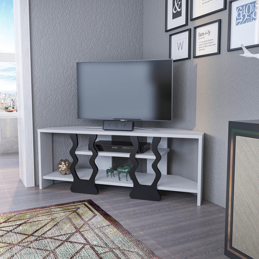 Decorotika Firal 2 Shelf White and Black Corner TV Unit Image 3