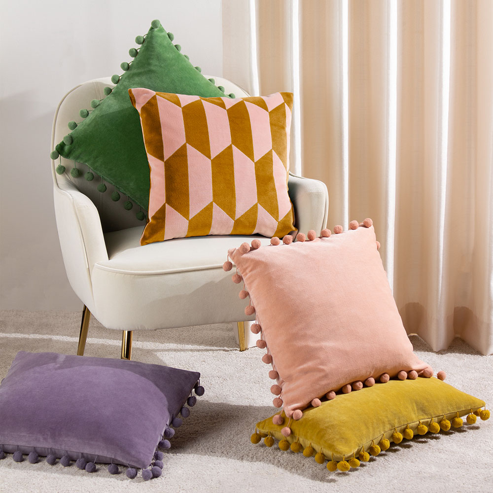 furn. Kalho Pink and Ochre Velvet Jacquard Cushion Image 6