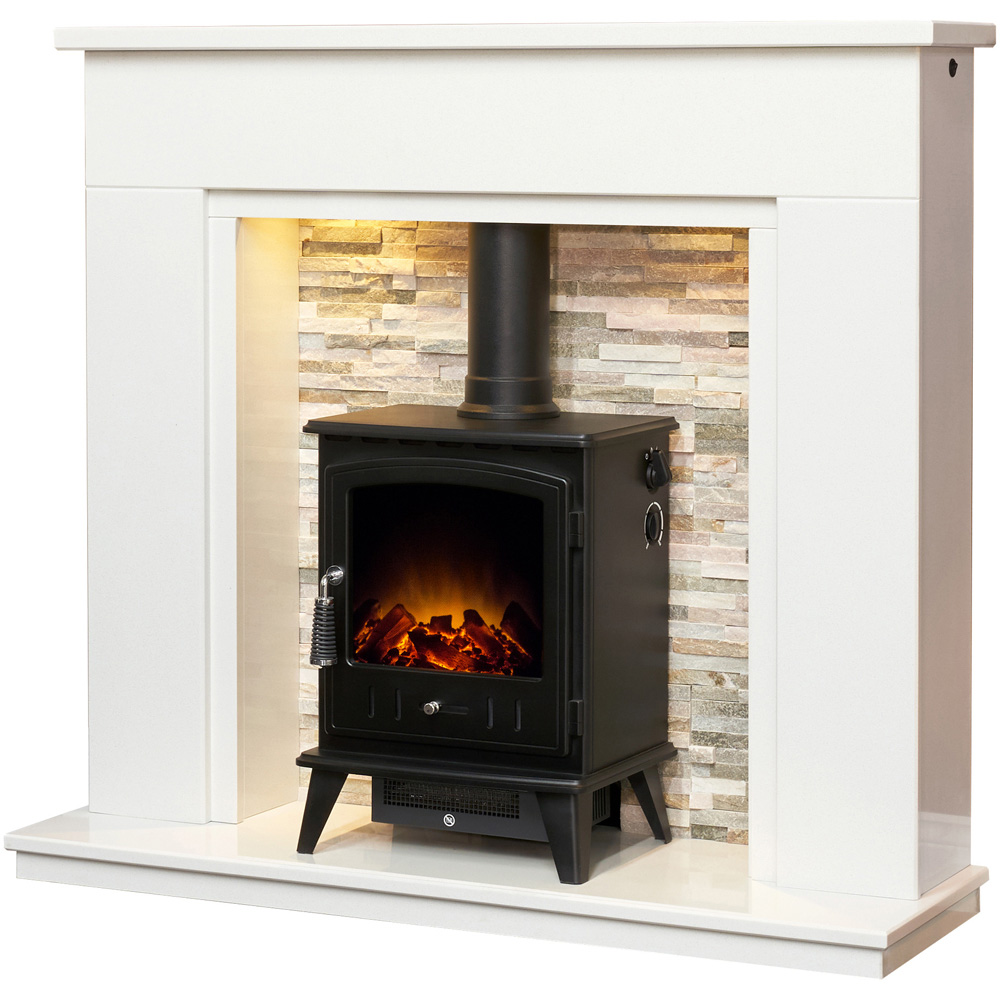 Acantha Amalfi White Marble and Black Fireplace with Downlights and Aviemore Electric Stove 48 inch Image 4