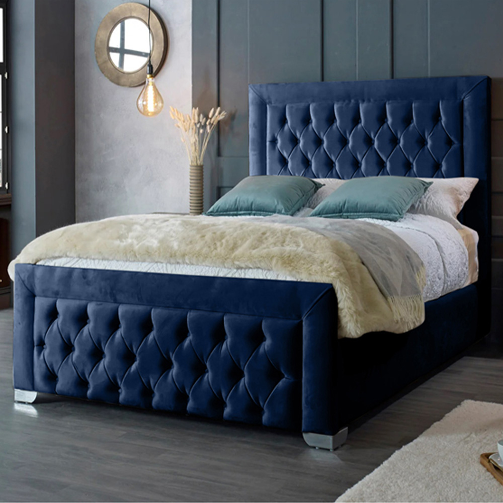 Eleganza Home Gelson Super King Size Blue Plush Velvet Bed Frame with Chesterfield Headboard Image 1