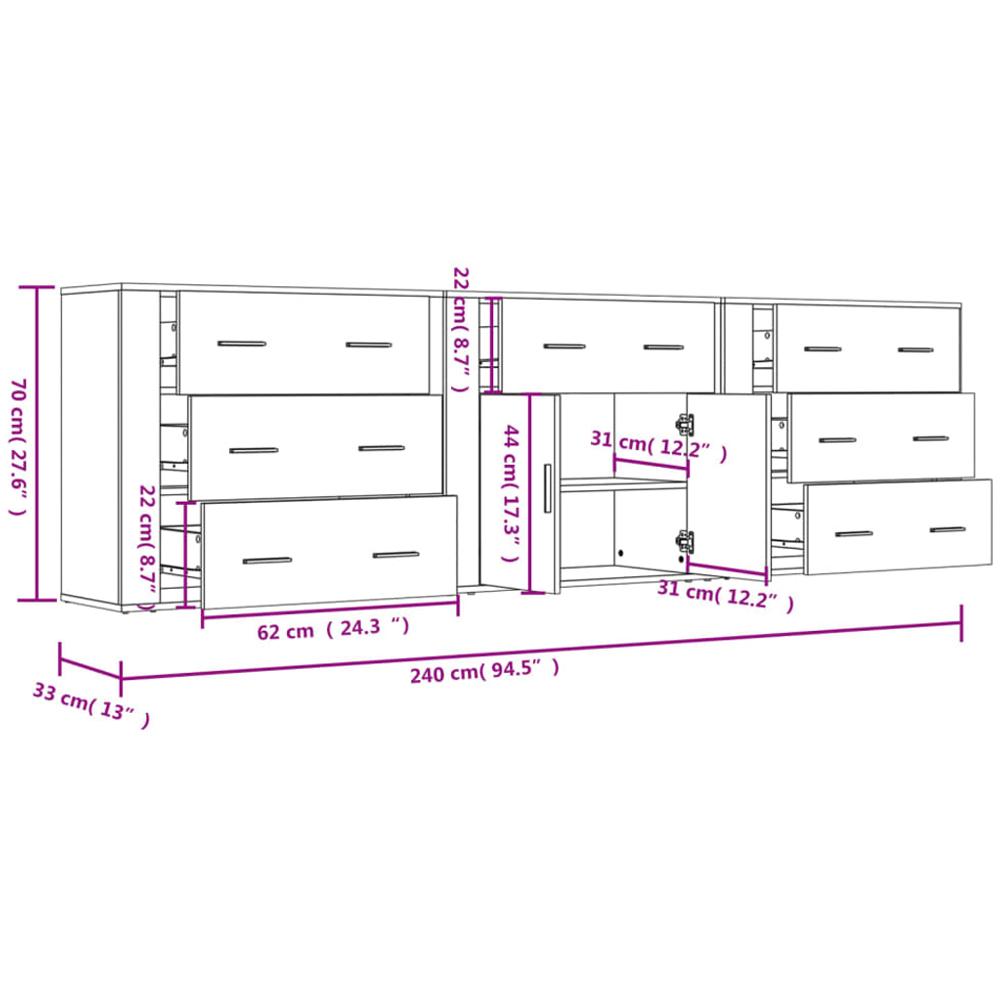 vidaXL 2 Door 7 Drawer White Sideboard 3 Piece Image 9