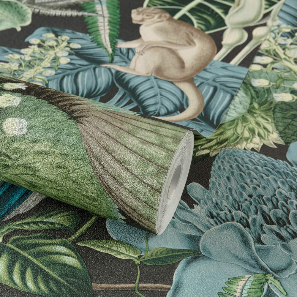 Grandeco Amazon Botanical Wildlife Jungle Green and Blue Teal Textured Wallpaper Image 2