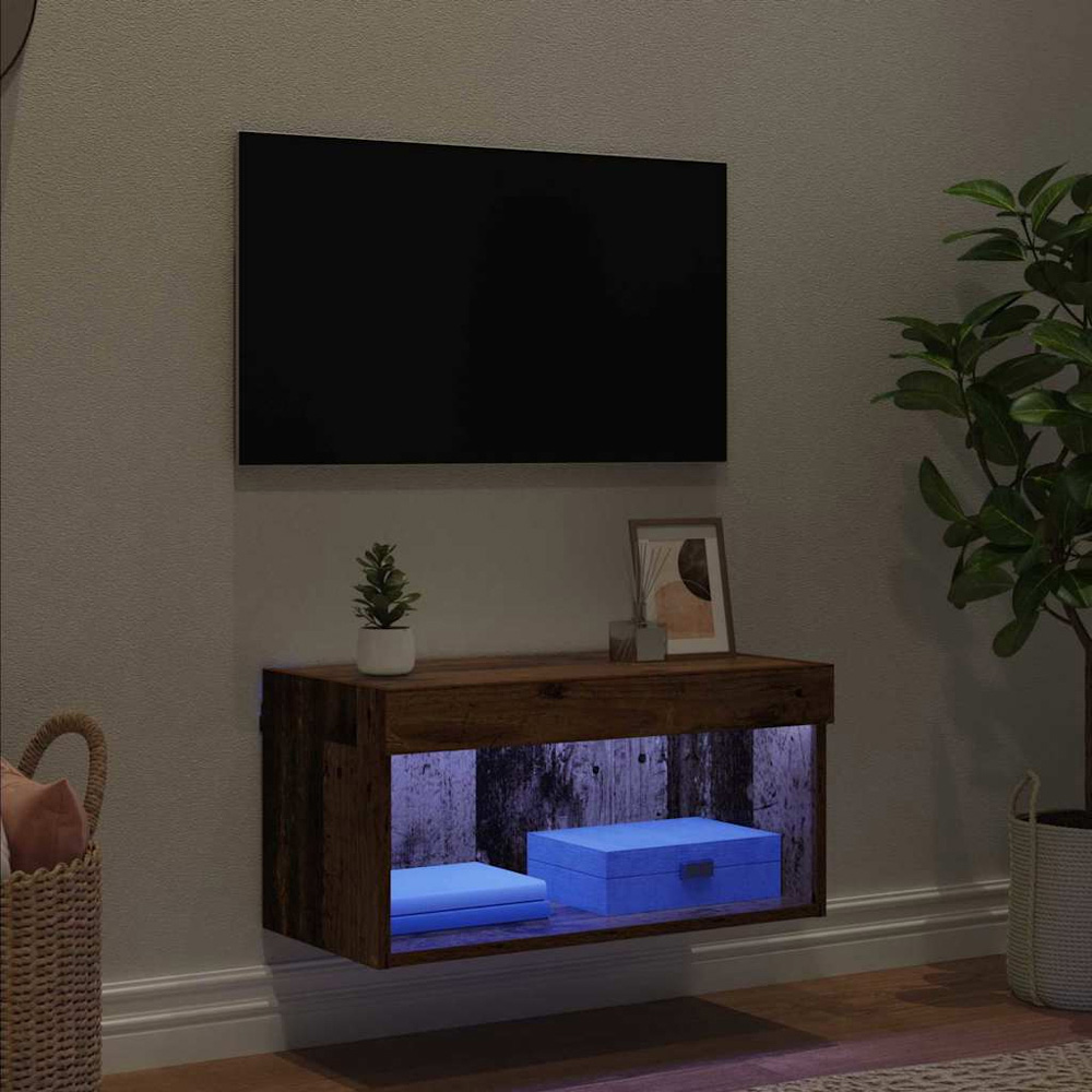 vidaXL Single Shelf Old Wood Wall Mounted Wide TV Cabinet with LED Light Image 5