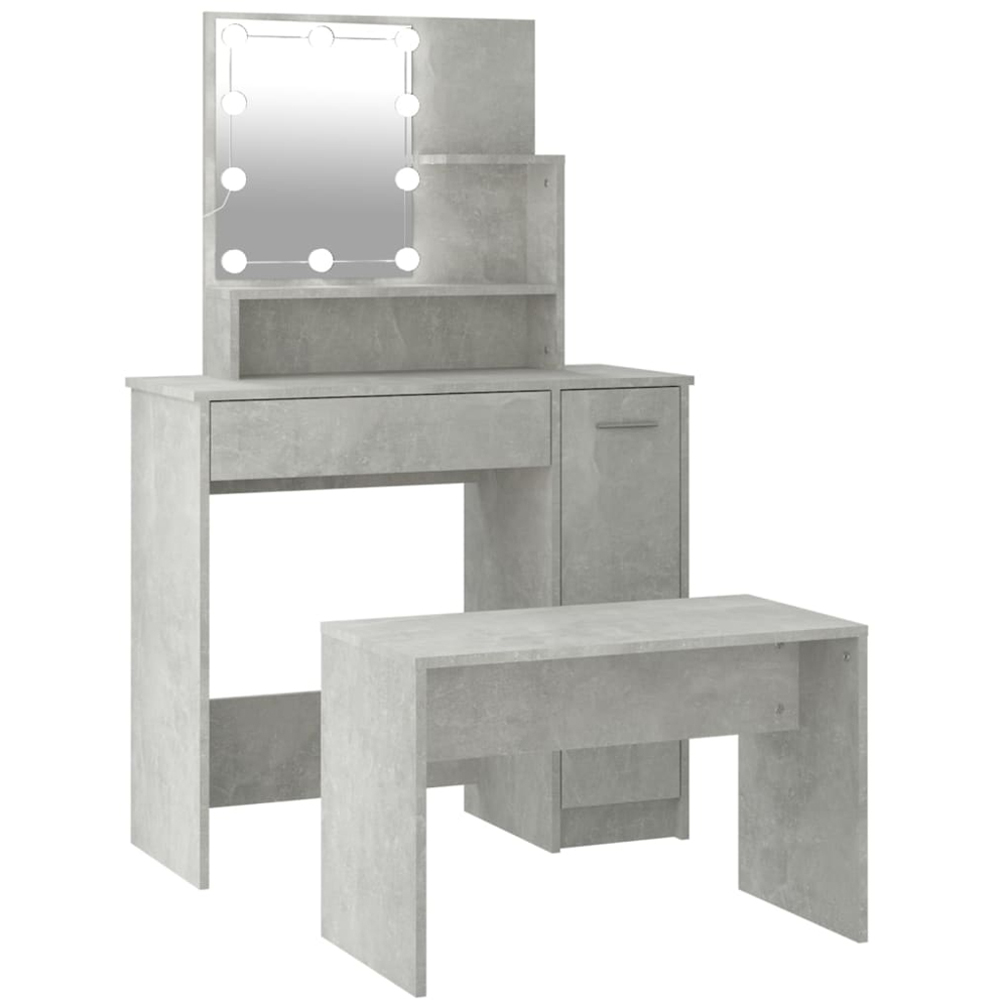 vidaXL Single Door Single Drawer 3 Shelf Concrete Grey Dressing Table Set with LED Lights Image 2