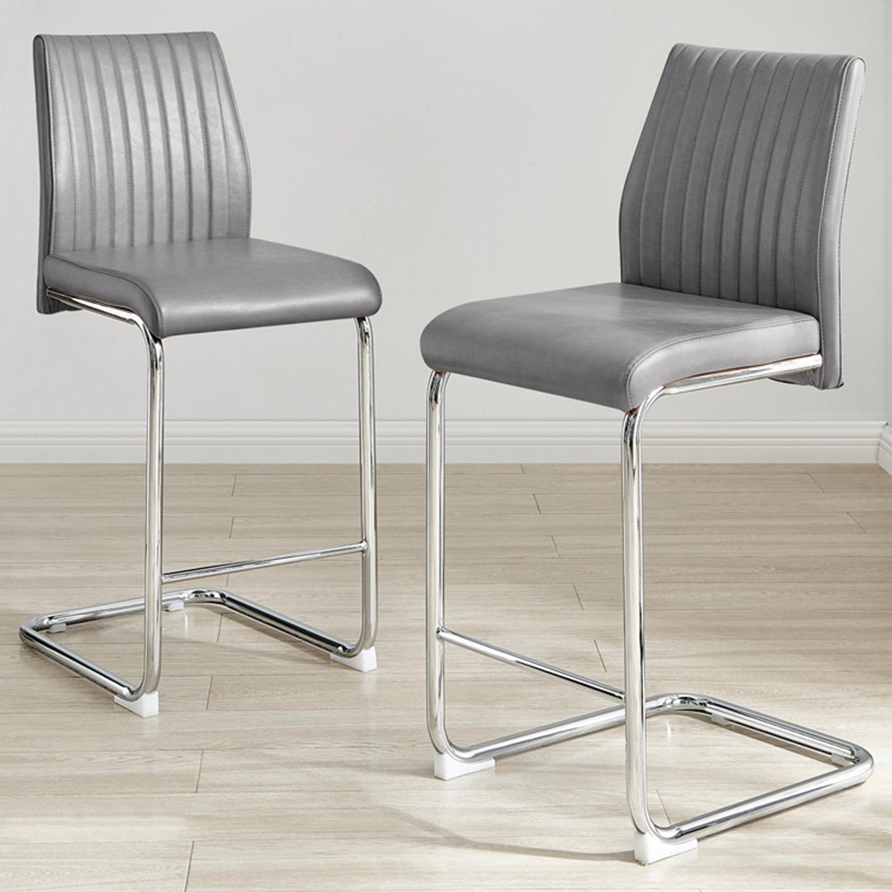Furniturebox Fontana Elephant Grey and Silver Faux Leather Bar Chair Set of 2 Image 1