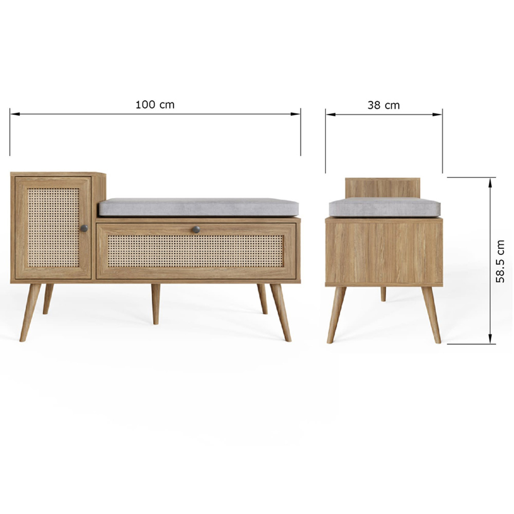 GFW Noor 2 Door Oak Rattan Shoe Cabinet with Cushioned Seat Image 9