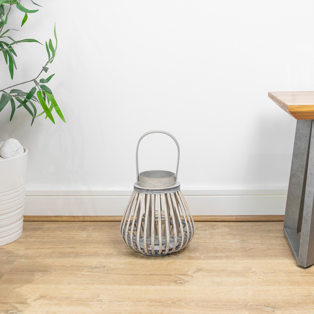 JVL Luna Grey Wash Natural Willow Wood Bulb Shaped Lantern with Wooden Handle 2 Pack Image 2