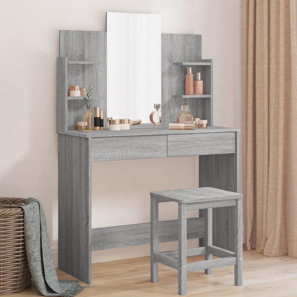 vidaXL 2 Drawer 4 Shelf Grey Sonoma Dressing Table with Mirror Image 1