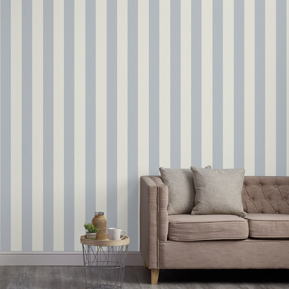 Grandeco Classic Wide Stripe Blue Textured Wallpaper Image 3