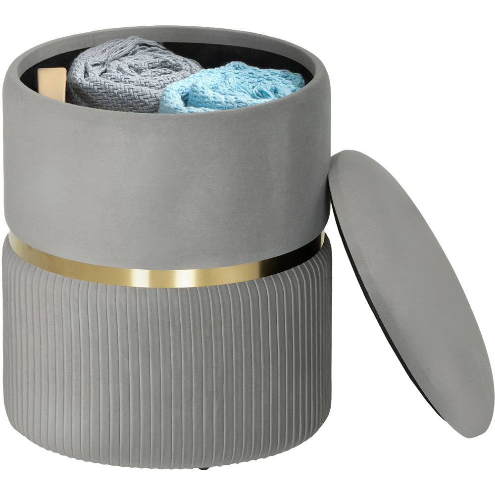 Portland Light Grey Velvet Round Pouffe Footstool with Storage Image 2