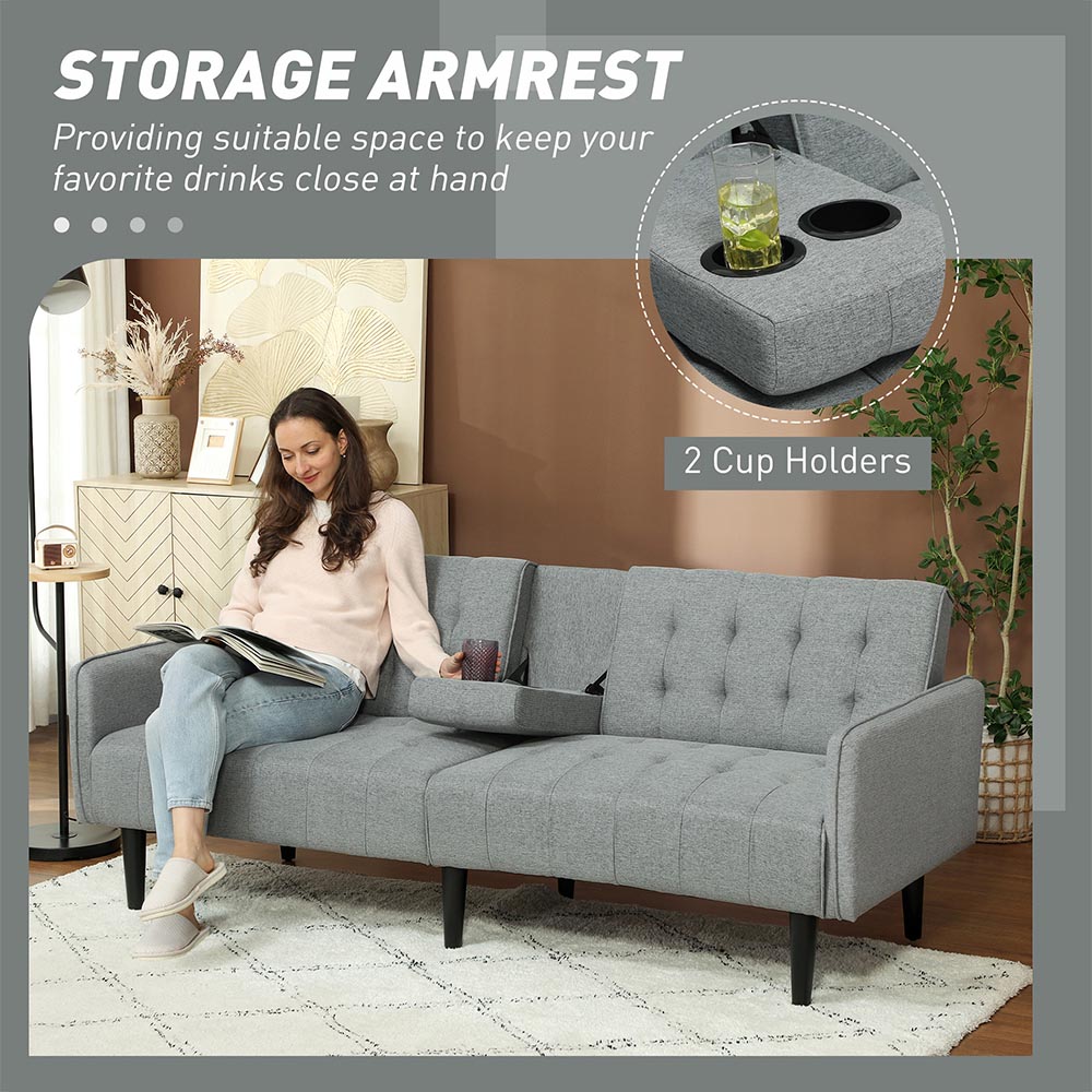 HOMCOM 3 Seater Light Grey Upholstered Sofa Bed with Storage Image 8