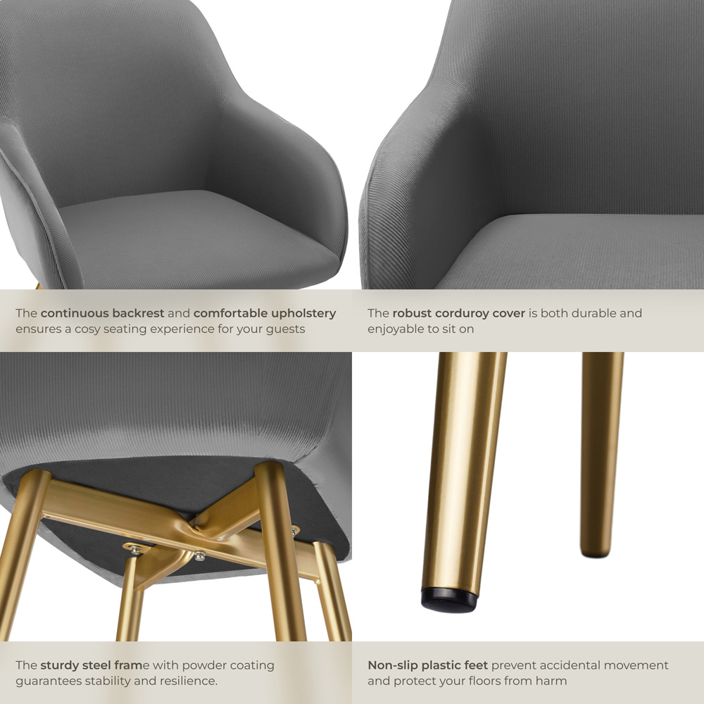 tectake Marilyn Grey and Gold Corduroy Padded Dining Chair Image 6