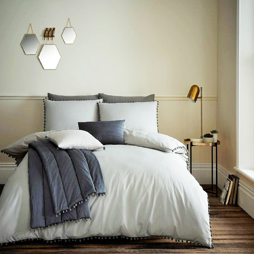 Smart Living King Size Grey Pom Pom Duvet Cover Set Image 5