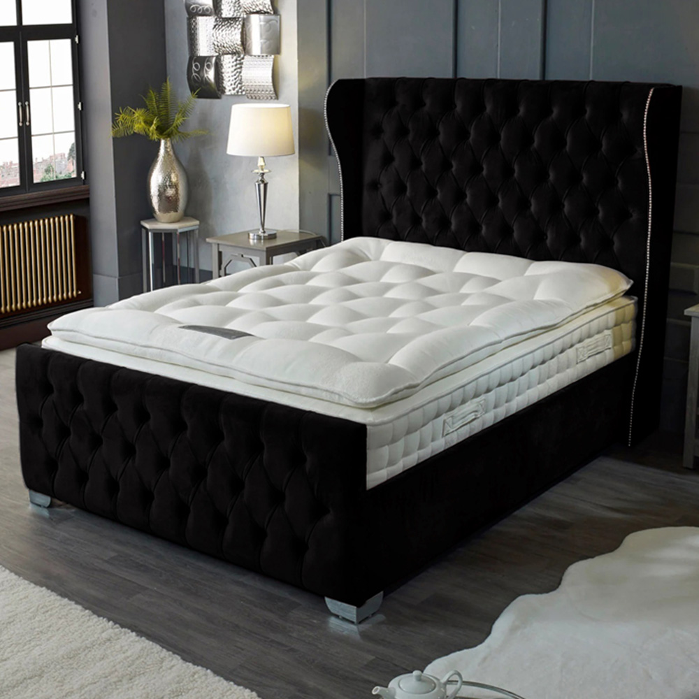 Eleganza Home Colleen Double Black Plush Velvet Bed Frame with Chesterfield Headboard Image 1