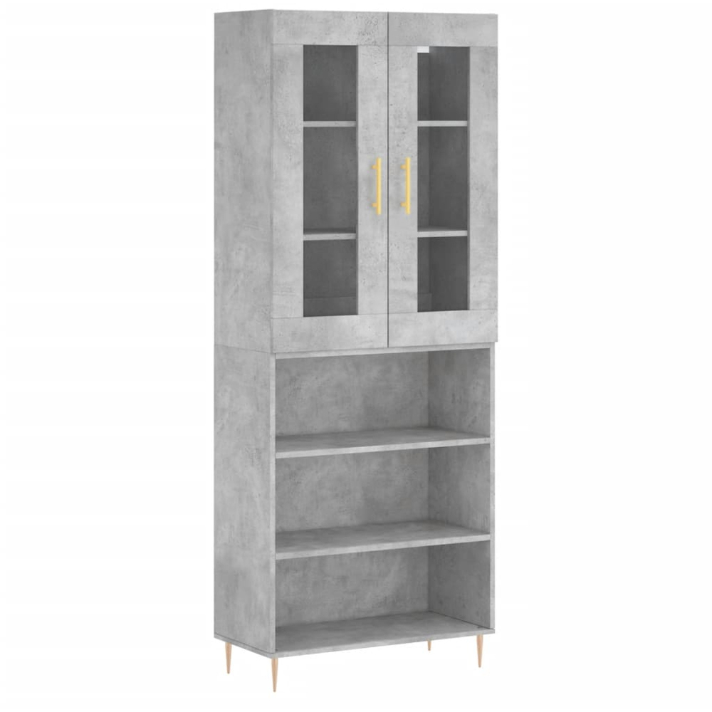 vidaXL 2 Glass Door 3 Shelf Concrete Grey Tall Highboard with Gold Handles and Metal Legs Image 2