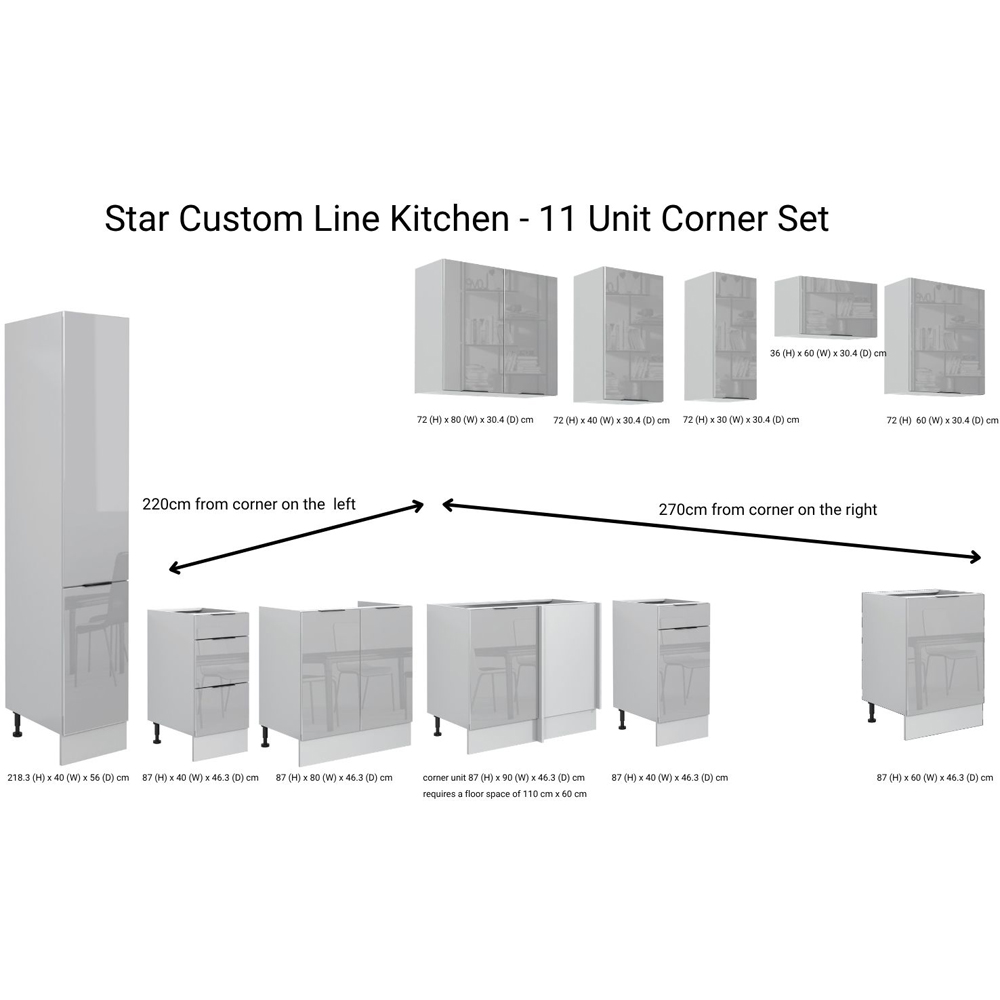 Impact Furniture Star Light Grey Gloss L Shaped Slim Kitchen Corner Cabinet Set of 11 Image 9