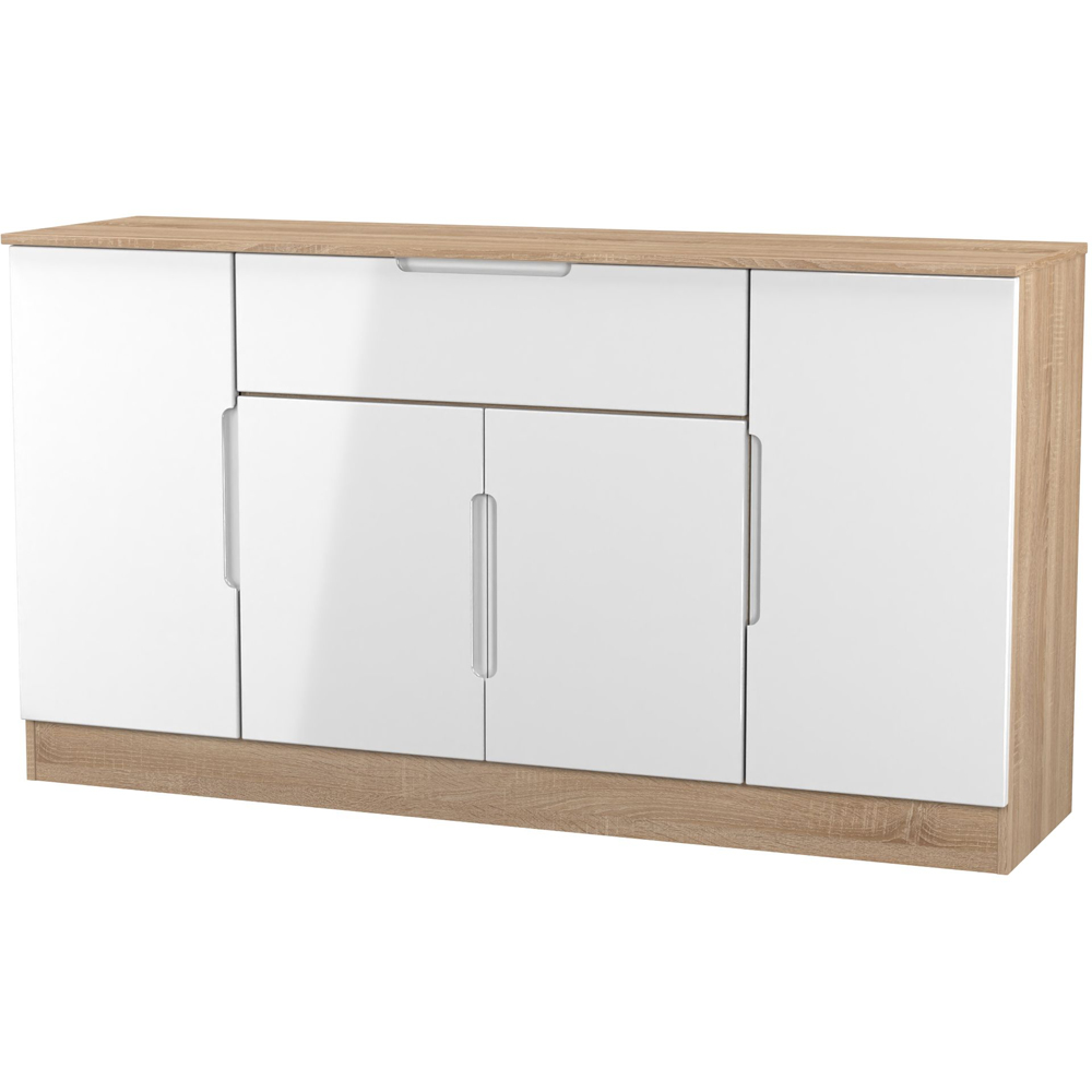Crowndale Milan 4 Door Single Drawer White Gloss and Bardolino Oak Wide Sideboard Ready Assembled Image 4