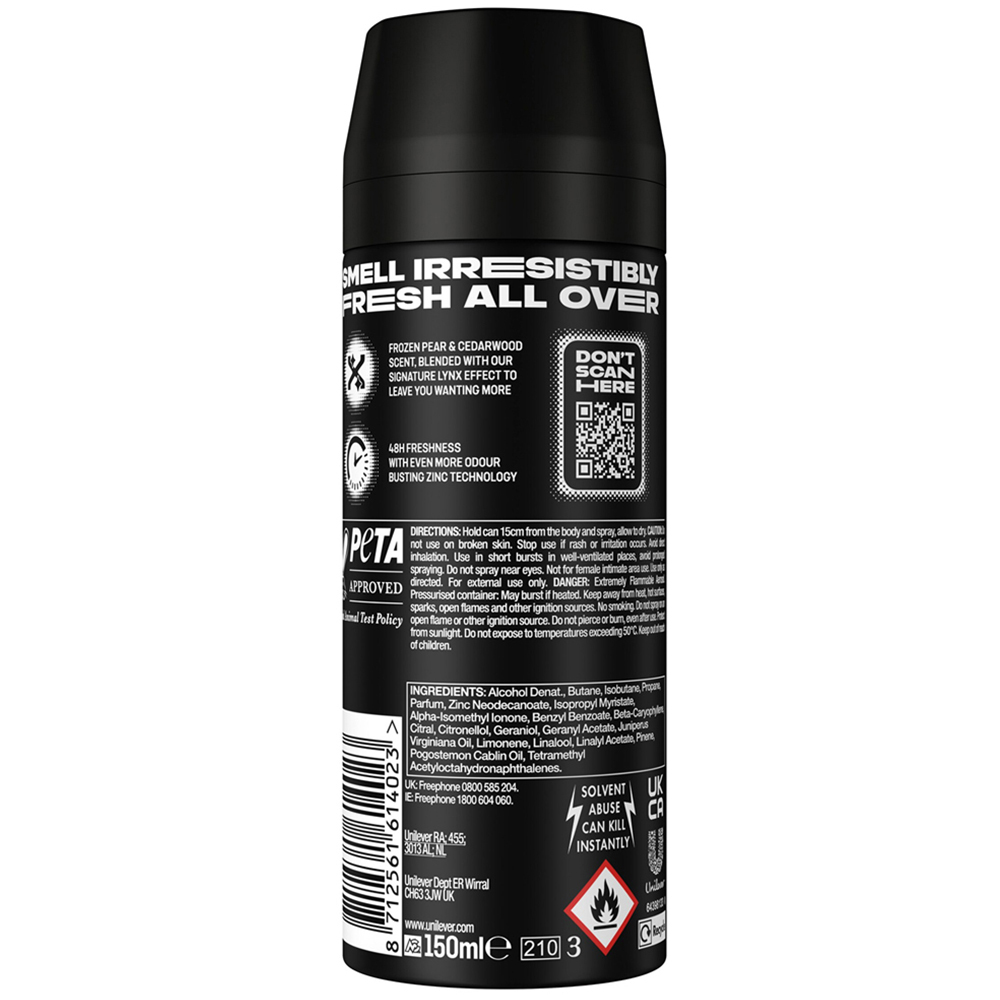 Lynx Black Frozen Pear and Cedarwood 48H Protection Deodorant Body Spray 150ml 18 Pack Image 3