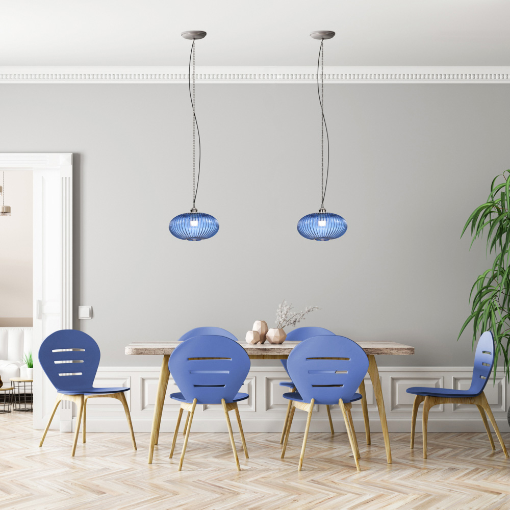 Happy Homewares Designer Navy Midnight Blue Line Ribbed Glass Oval Pendant Shade Image 2