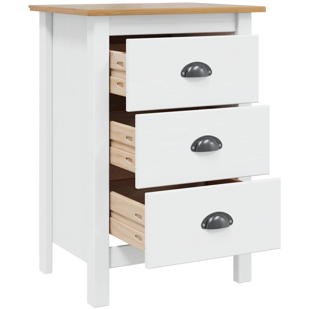 vidaXL Hill 3 Drawer White and Honey Brown Solid Pine Wood Bedside Table Image 3