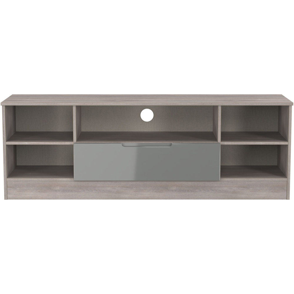 Crowndale Milan Single Drawer 5 Shelf Grey Gloss and Grey Oak Wide TV Unit Ready Assembled Image 3