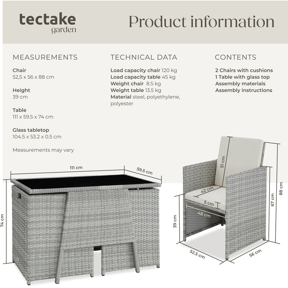 tectake Lausanne 2 Seater Rattan Garden Bistro Set Light Grey Image 9