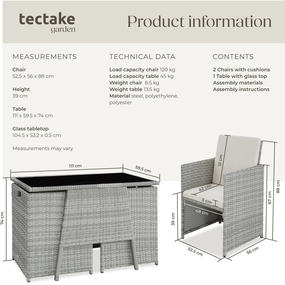 tectake Lausanne 2 Seater Rattan Garden Bistro Set Light Grey Image 6