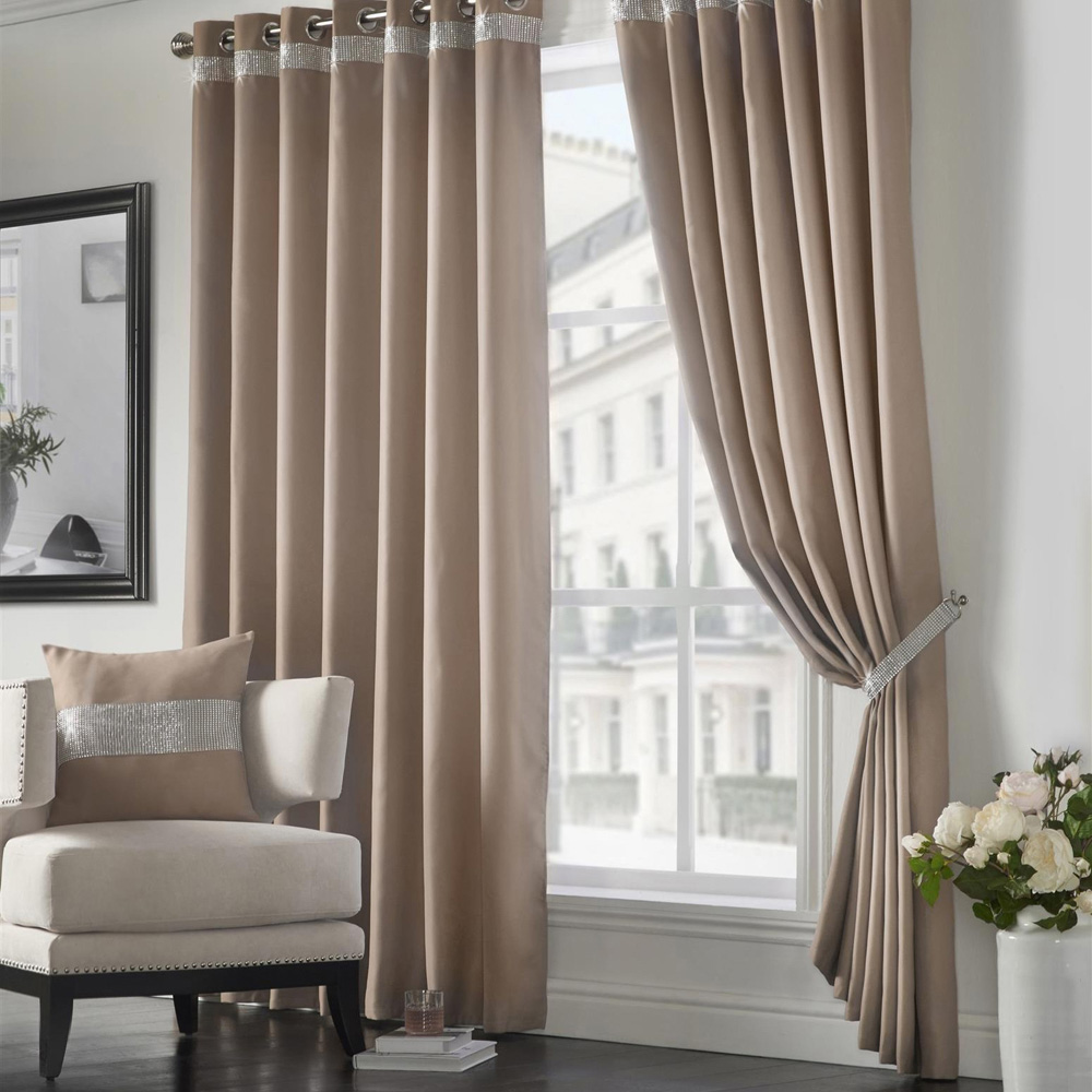 Alan Symonds Palace Beige Plain Thermal Ring Top Eyelet Curtains with Diamante Band 167 x 228cm Image 1