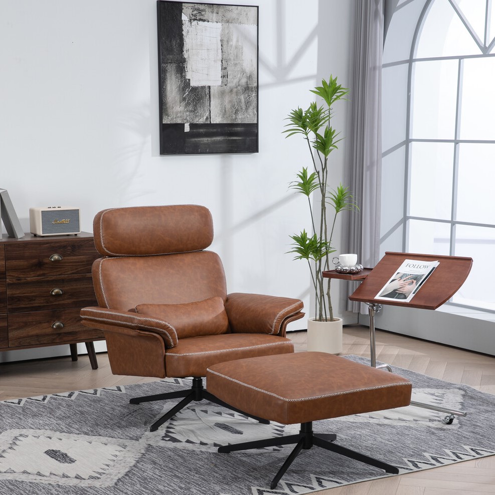 Conley Brown Leather Armchair With Footstool Image 1