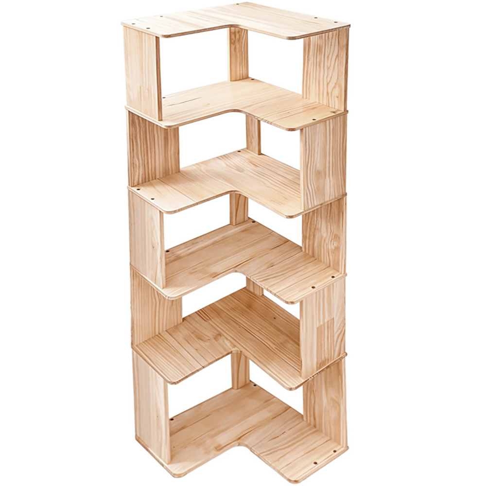 Living and Home 6 Shelf Natural Wooden L-Shaped Corner Bookshelf Image 2