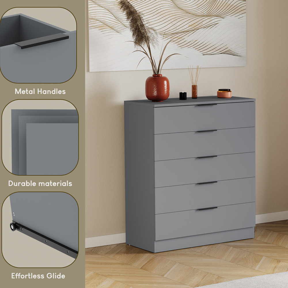 VIDA DESIGNS Trega 5 Drawer Grey Bedside Cabinet Image 8