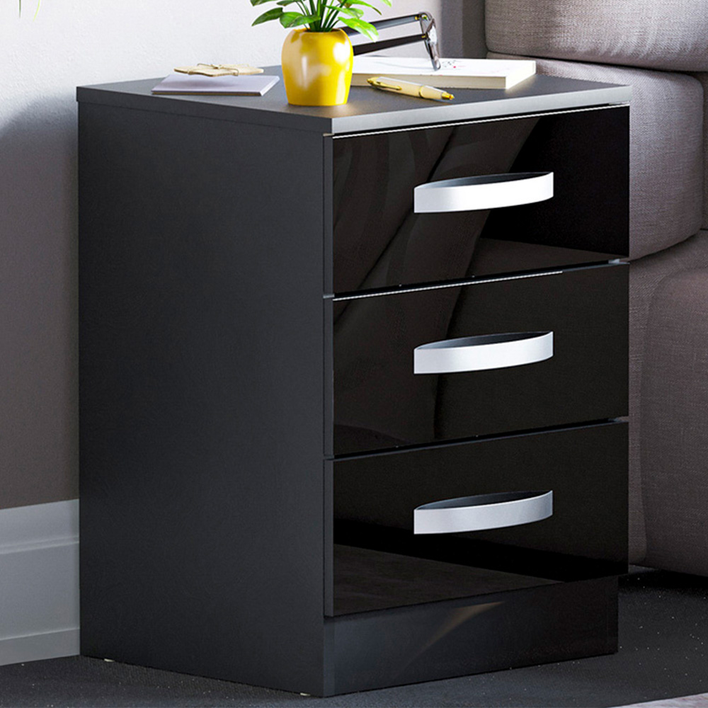 Vida Designs Hulio 3 Drawer Black Bedside Table Image 1