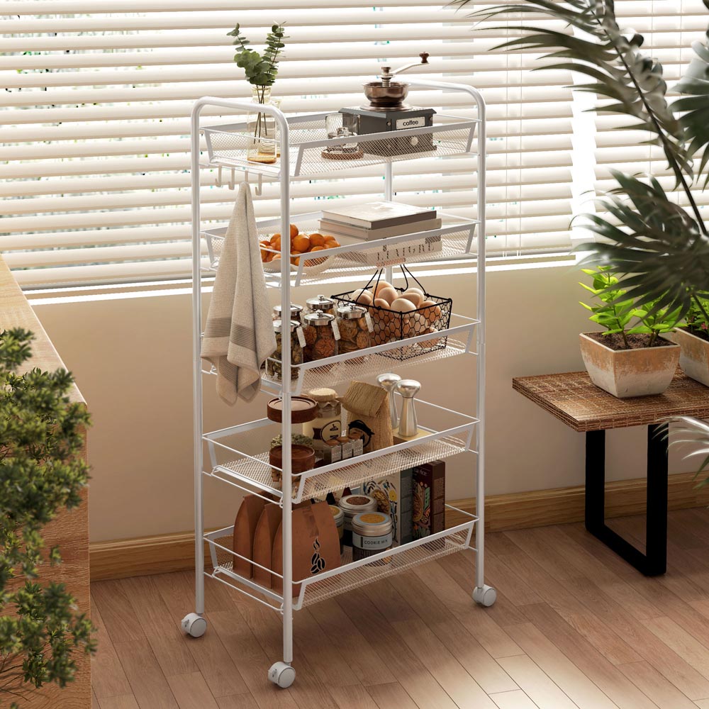 HOMCOM 5-Tier White Utility Rolling Cart with Removable Mesh Baskets Image 4