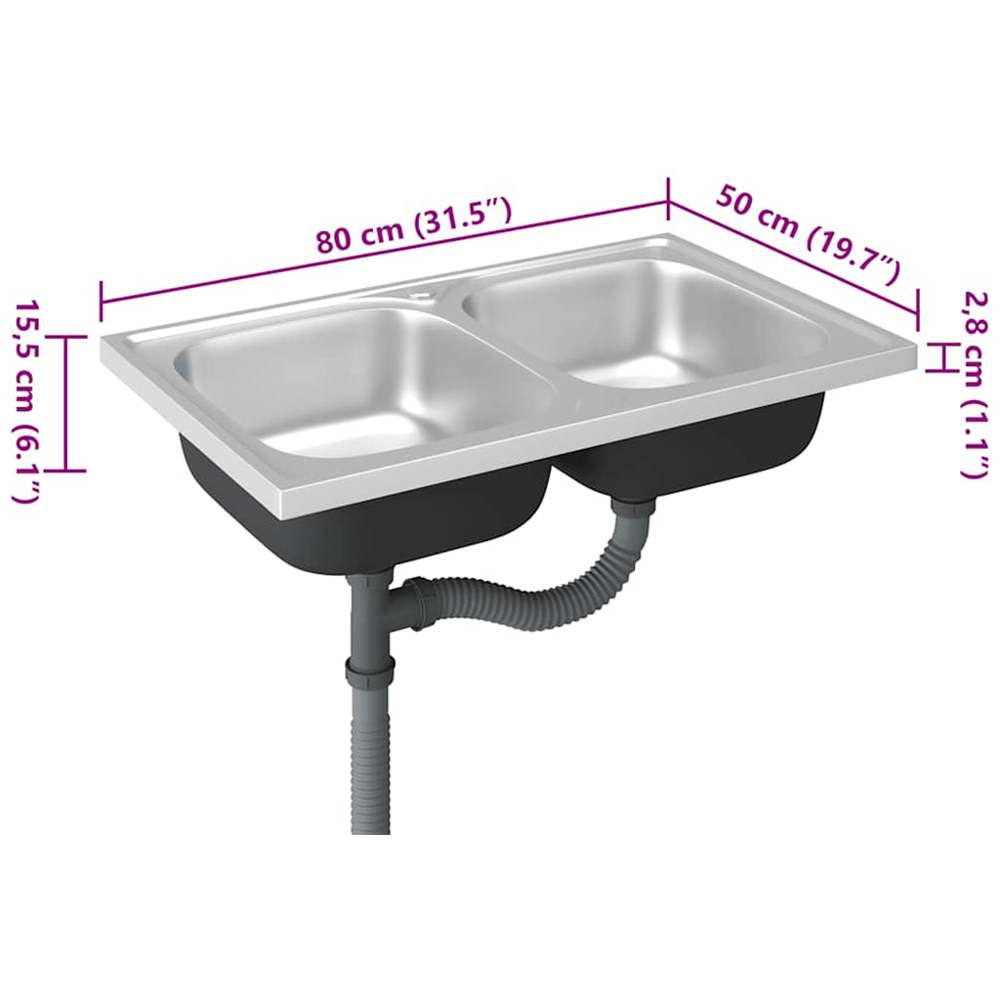 vidaXL Silver Stainless Steel Kitchen Sink with Double Basin and Drainer Set 800 x 500 x 155mm Image 7
