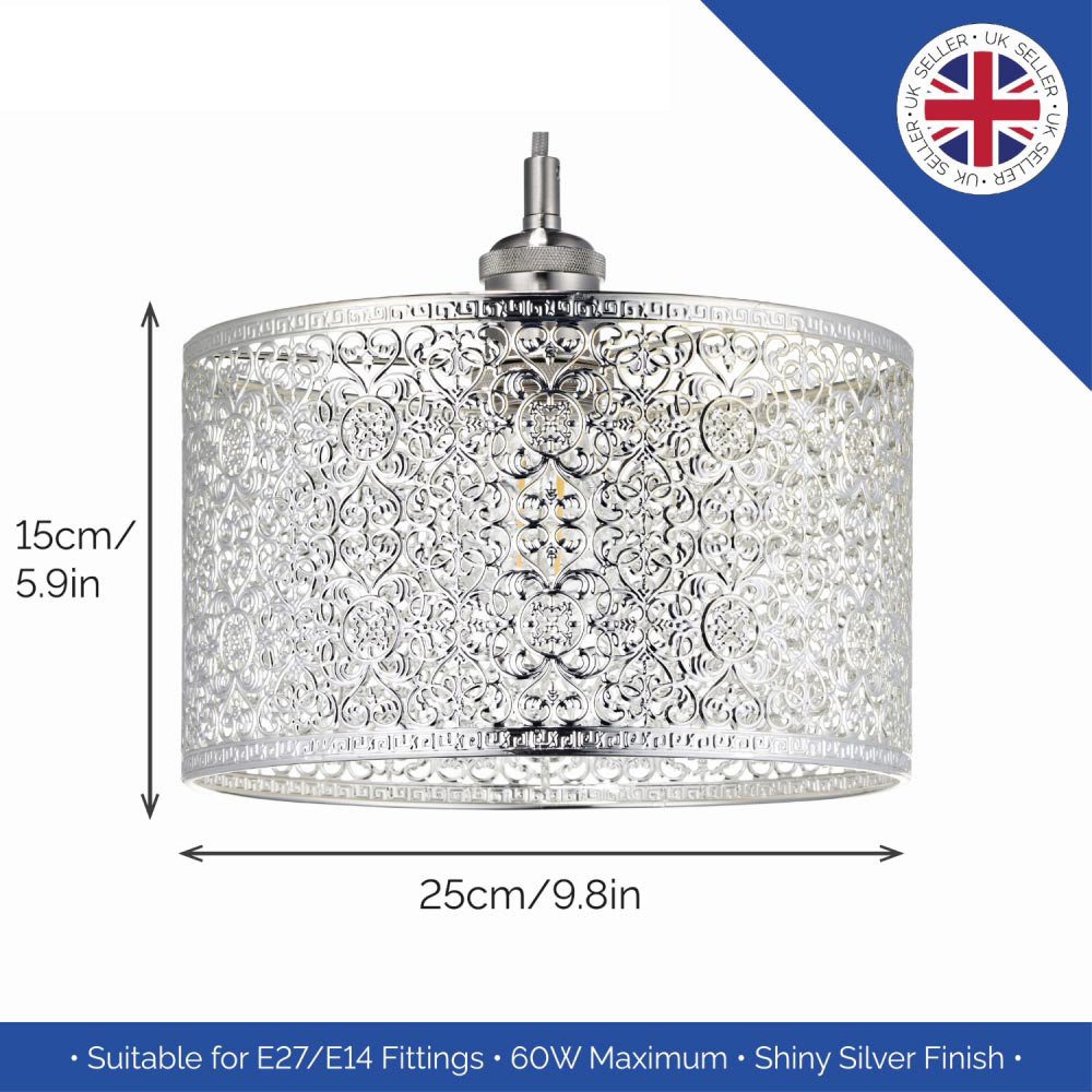 Happy Homewares Moroccan Style Ornate Shiny Silver Metal Pendant Shade Image 7