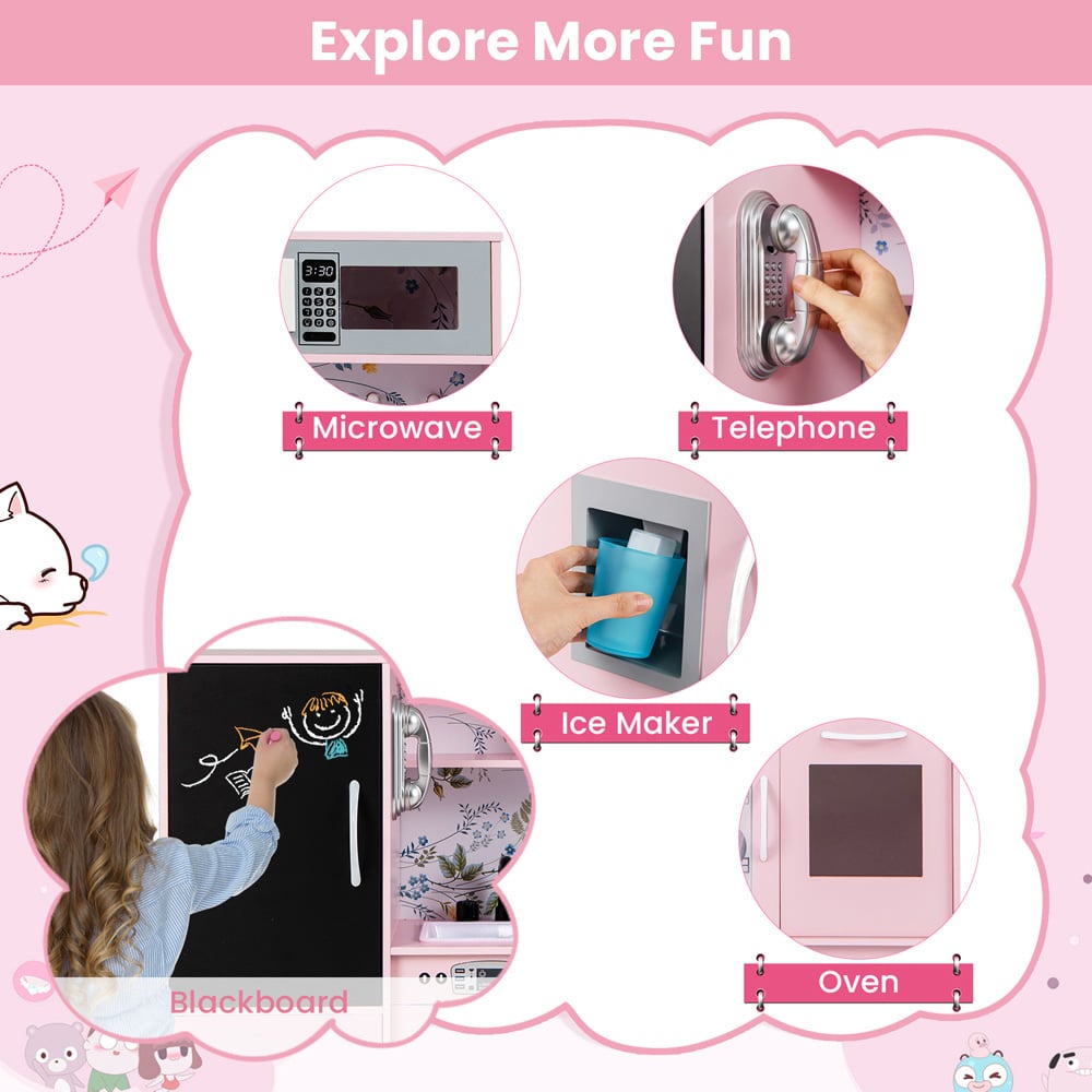 Costway Toddler Cream Pink Kitchen Play Set with Accessories and Simulated Sounds Image 5