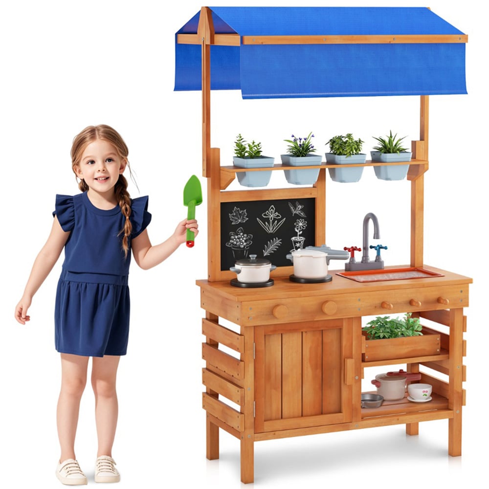 Costway Kids Natural Fir Wood Kitchen Play Set with Adjustable Canopy and Sink Image 3