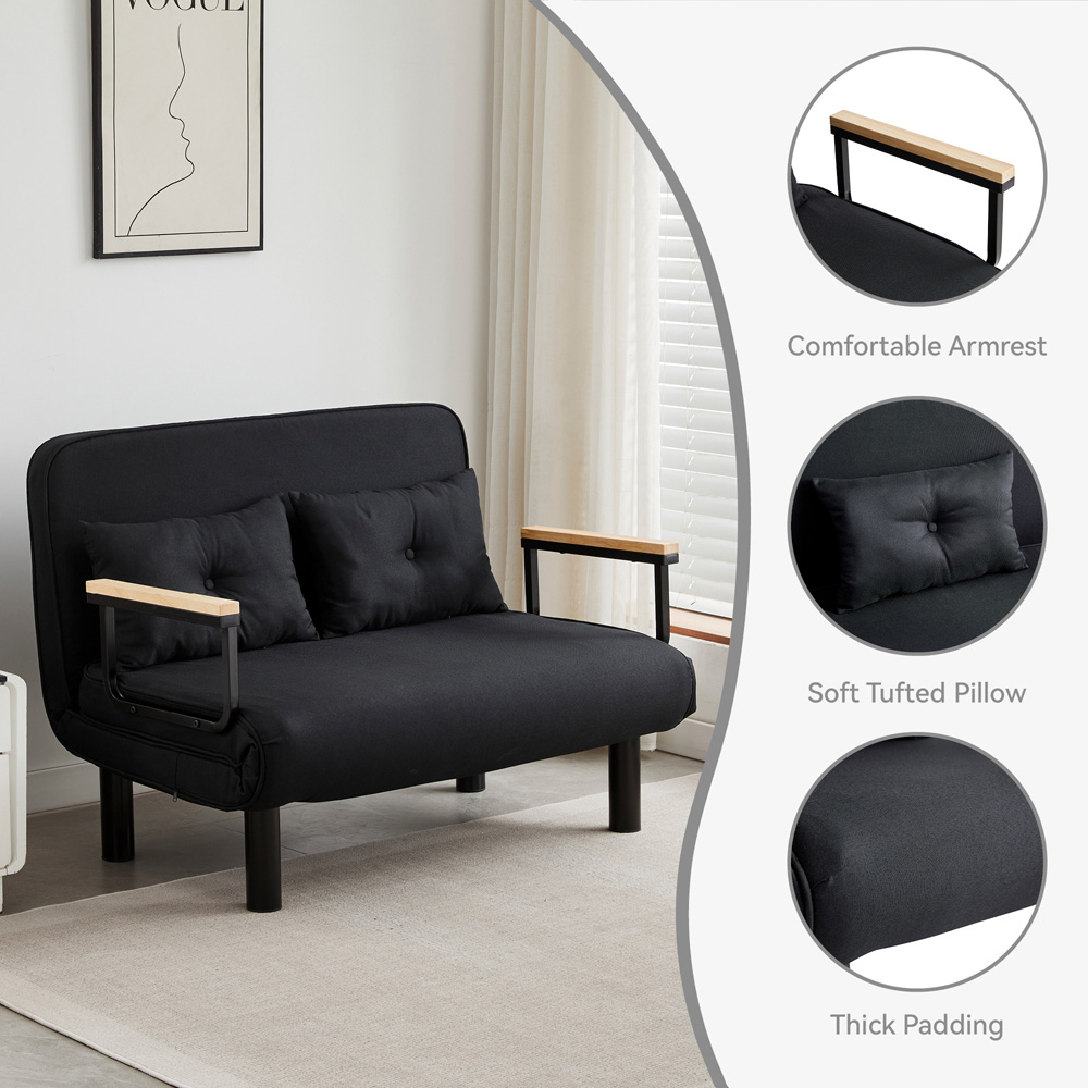2 Seater Black 4-in-1 Foldable Sofa Bed with Adjustable Backrest and Large Cushion Image 3