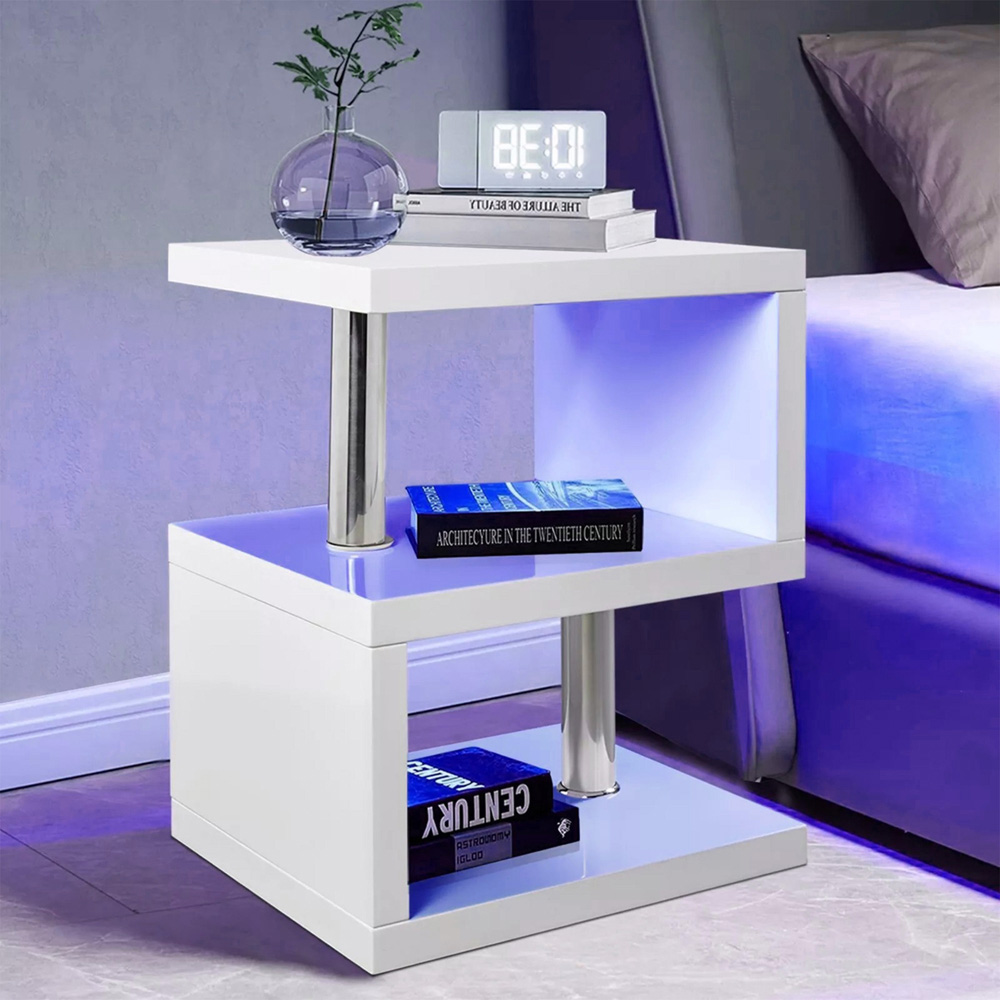 Comfy Living 2 Shelf White High Gloss Abstract LED Side Table Image 5