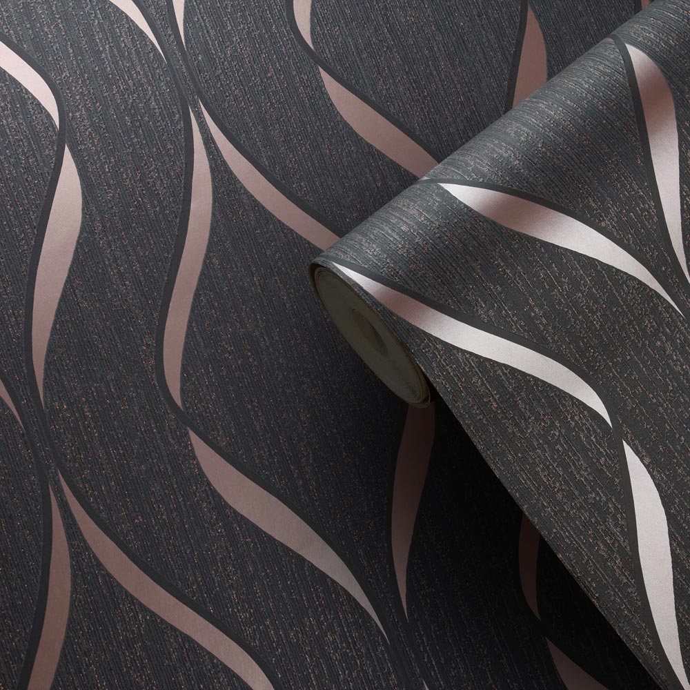 Muriva Wave Charcoal and Rose Wallpaper Image 2