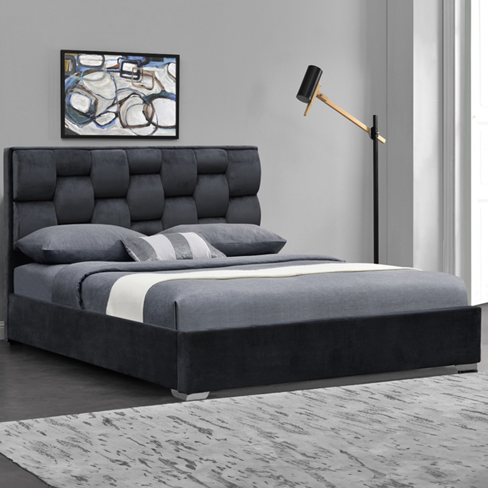 Brooklyn Double Grey Plush Velvet Bed Frame with Blanket Box Image 2